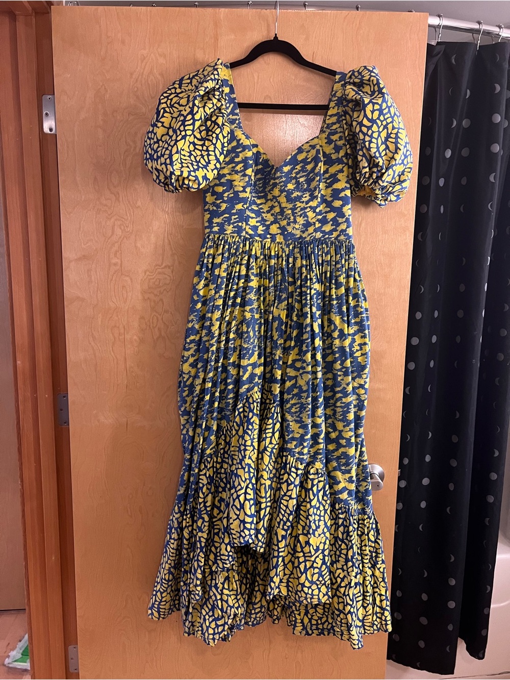 SIKA Frida Puff Sleeve Dress in Blue & Yellow Batik – Size 8